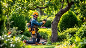 Élagueur grimpeur qui coupe des branches en Essonne