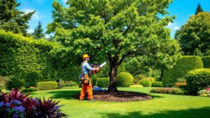 Élagueur grimpeur équipé d’une tronçonneuse en Essonne